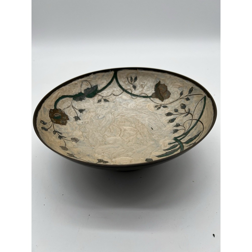 Vintage Solid Brass Enameled Floral Color Painted Bowl 12"